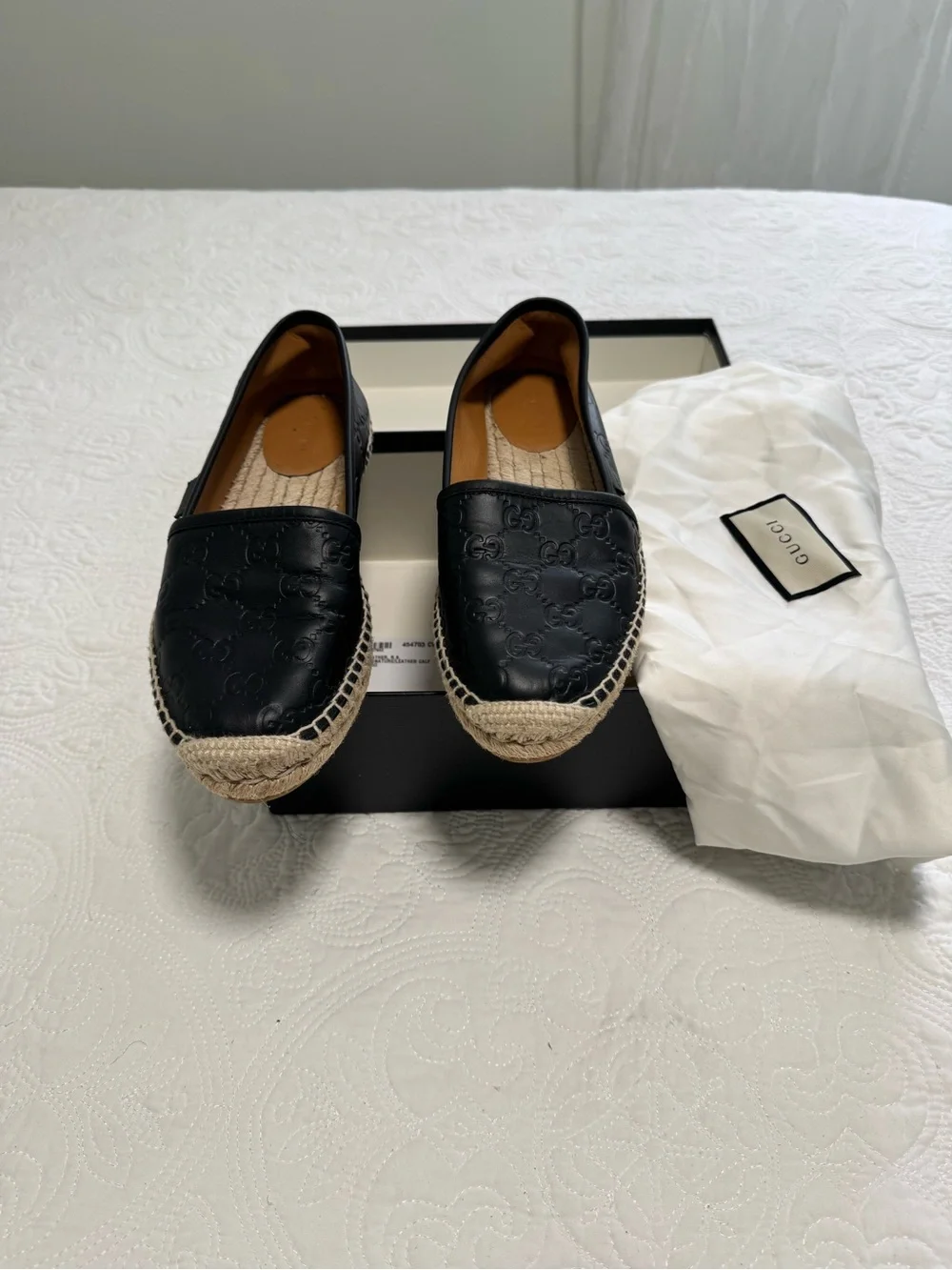 Gucci Black Leather Embossed Espadrille Flats